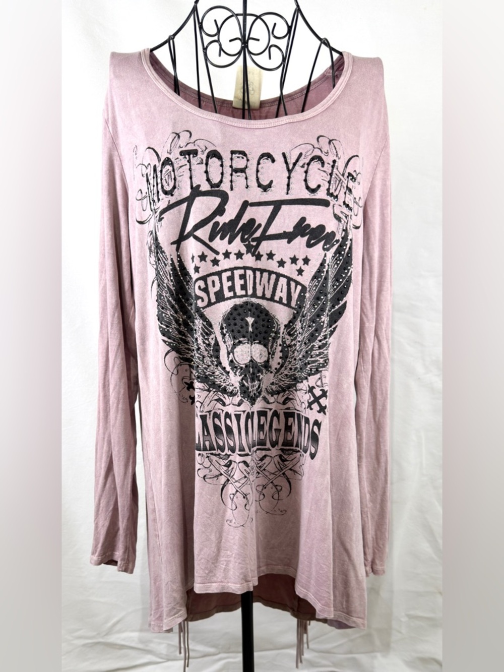 Be Vocal Motorcycle Graphic Fringe Tunic Top XL Pink Studded Skull Biker Boho